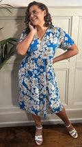 CurveWow Printed V Neck Smock Dress Blue Floral