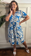 CurveWow Printed V Neck Smock Dress Blue Floral