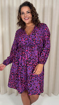 CurveWow Long Sleeve Wrap Mini Dress Purple Animal