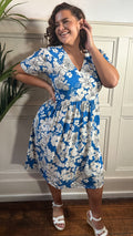 CurveWow Printed V Neck Smock Dress Blue Floral