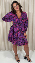 CurveWow Long Sleeve Wrap Mini Dress Purple Animal