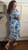 CurveWow Printed V Neck Smock Dress Blue Floral