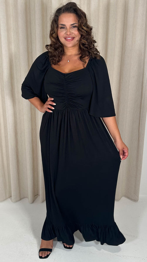 CurveWow Ruched Front Angel Sleeve Maxi Dress Black