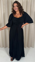 CurveWow Ruched Front Angel Sleeve Maxi Dress Black