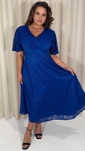 CurveWow Lace Angel Sleeve Dress Cobalt Blue