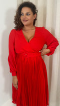 CurveWow Buckle Belt Pleated Midi Dress Red