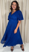 CurveWow Lace Angel Sleeve Dress Cobalt Blue