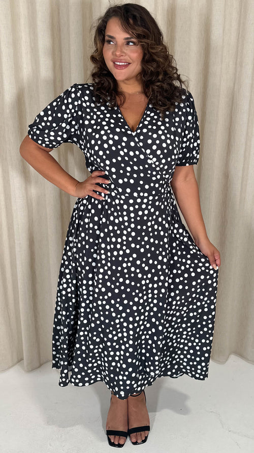 CurveWow Puff Sleeve Wrap Dress Black Polka