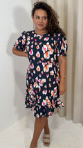 CurveWow Frill Hem Puff Sleeve Tea Dress Navy Animal