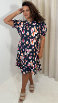 CurveWow Frill Hem Puff Sleeve Tea Dress Navy Animal