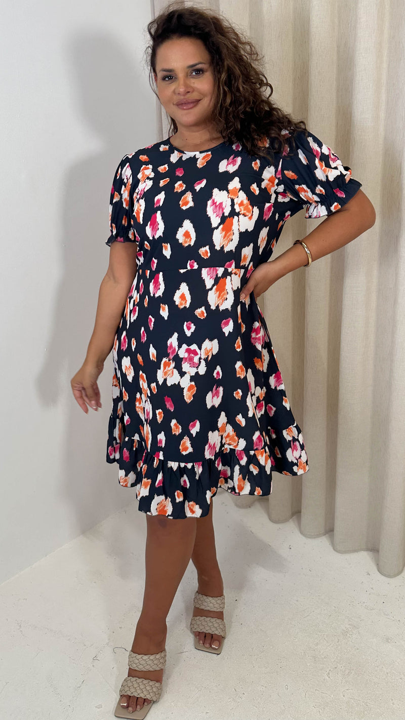 CurveWow Frill Hem Puff Sleeve Tea Dress Navy Animal