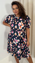 CurveWow Frill Hem Puff Sleeve Tea Dress Navy Animal