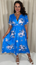 CurveWow Wrap Notch Neck Midi Dress Blue Floral