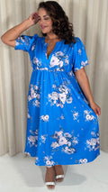 CurveWow Wrap Notch Neck Midi Dress Blue Floral