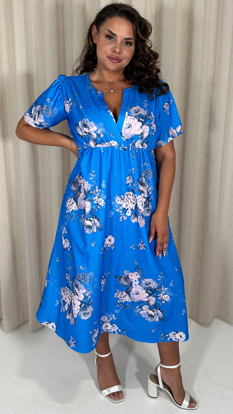 CurveWow Wrap Notch Neck Midi Dress Blue Floral