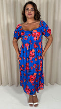 CurveWow Short Sleeved Ruched Front Milk Maid Midi Dress Blue Floral