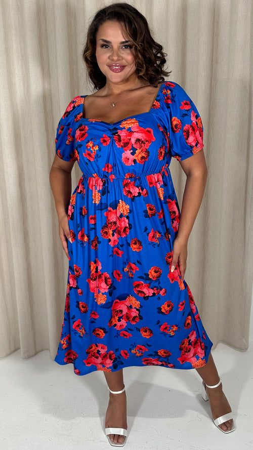 CurveWow Short Sleeved Ruched Front Milk Maid Midi Dress Blue Floral