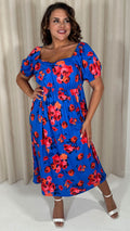 CurveWow Short Sleeved Ruched Front Milk Maid Midi Dress Blue Floral