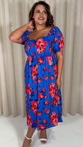 CurveWow Short Sleeved Ruched Front Milk Maid Midi Dress Blue Floral