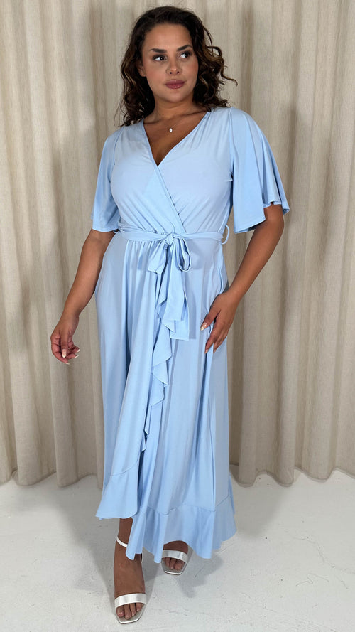 CurveWow Slinky Frill Wrap Dress Light Blue