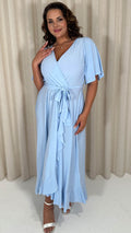 CurveWow Slinky Frill Wrap Dress Light Blue