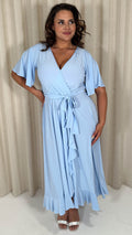 CurveWow Slinky Frill Wrap Dress Light Blue