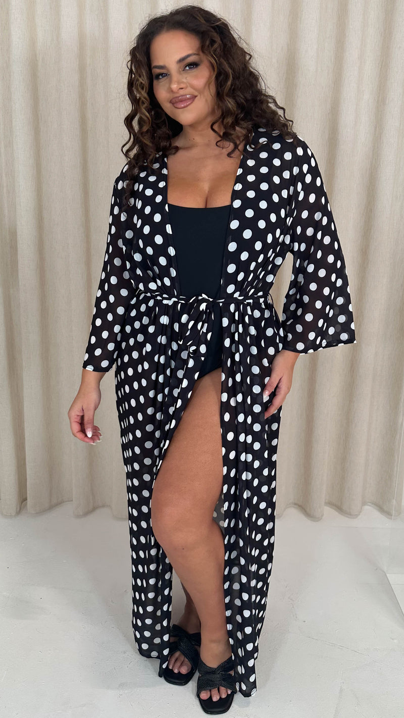 CurveWow Kimono Tie Waist Cover Up Black Polka Dot