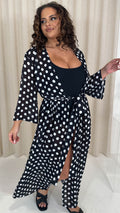 CurveWow Kimono Tie Waist Cover Up Black Polka Dot