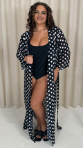 CurveWow Kimono Tie Waist Cover Up Black Polka Dot