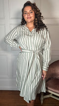 CurveWow Linen Belted Oversized Shirt Dress Green/White Stripe