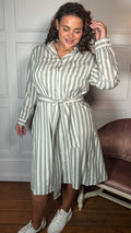 CurveWow Linen Belted Oversized Shirt Dress Green/White Stripe