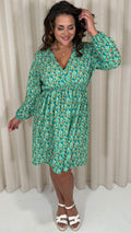 CurveWow Long Sleeve Wrap Mini Dress Green Ditsy Floral