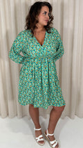 CurveWow Long Sleeve Wrap Mini Dress Green Ditsy Floral