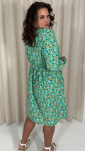 CurveWow Long Sleeve Wrap Mini Dress Green Ditsy Floral