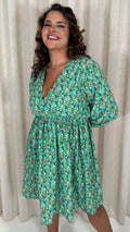 CurveWow Long Sleeve Wrap Mini Dress Green Ditsy Floral