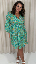 CurveWow Long Sleeve Wrap Mini Dress Green Ditsy Floral