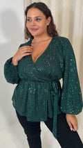 CurveWow Sequin Wrap Top Forest Green