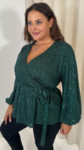 CurveWow Sequin Wrap Top Forest Green