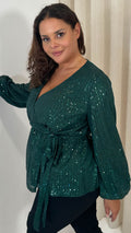 CurveWow Sequin Wrap Top Forest Green