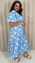 CurveWow Angel Sleeve Wrap Dress Blue Print