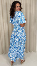 CurveWow Angel Sleeve Wrap Dress Blue Print