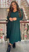 CurveWow Petite Textured V Neck Long Sleeve Midi Dress Dark Green