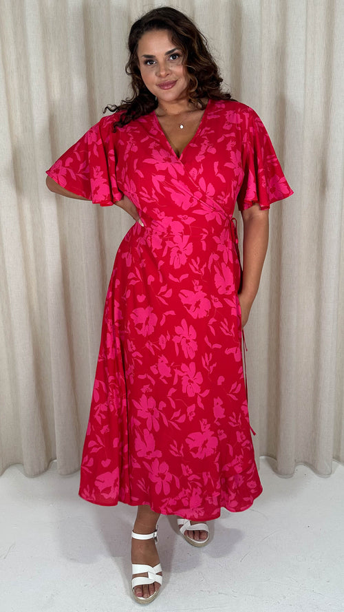CurveWow Angel Sleeve Wrap Dress Red/Pink