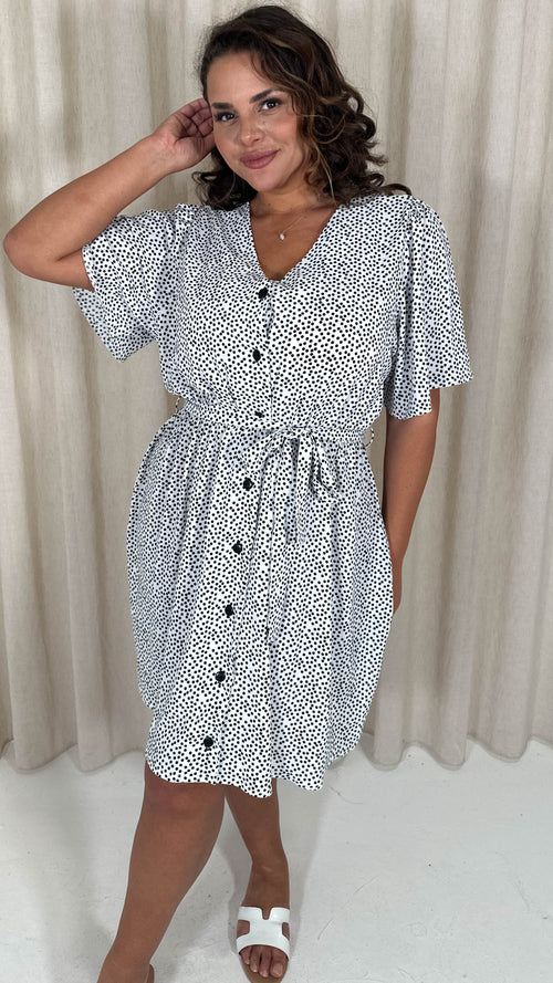 CurveWow Crepe Angel Sleeve Button Down Dress Polka Dot