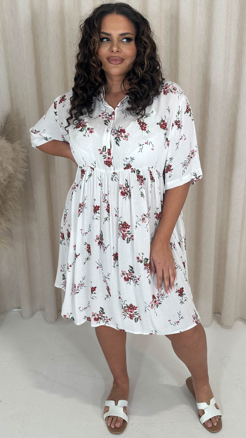 CurveWow Printed Drop Waist Shirt Dress White