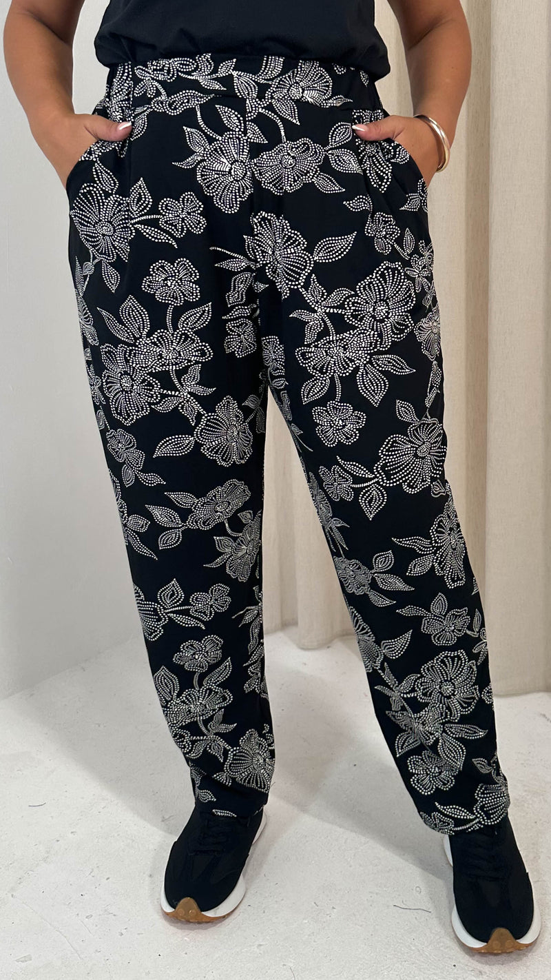 CurveWow Printed Hareem Trouser Black Mono Print