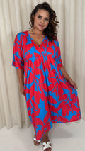 CurveWow Tie Back Kimono Sleeve Midi Dress Red/Blue