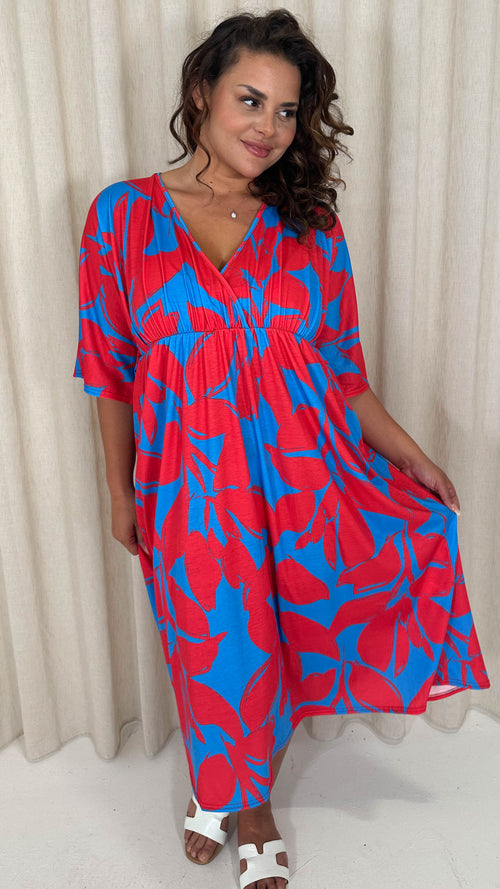 CurveWow Tie Back Kimono Sleeve Midi Dress Red/Blue