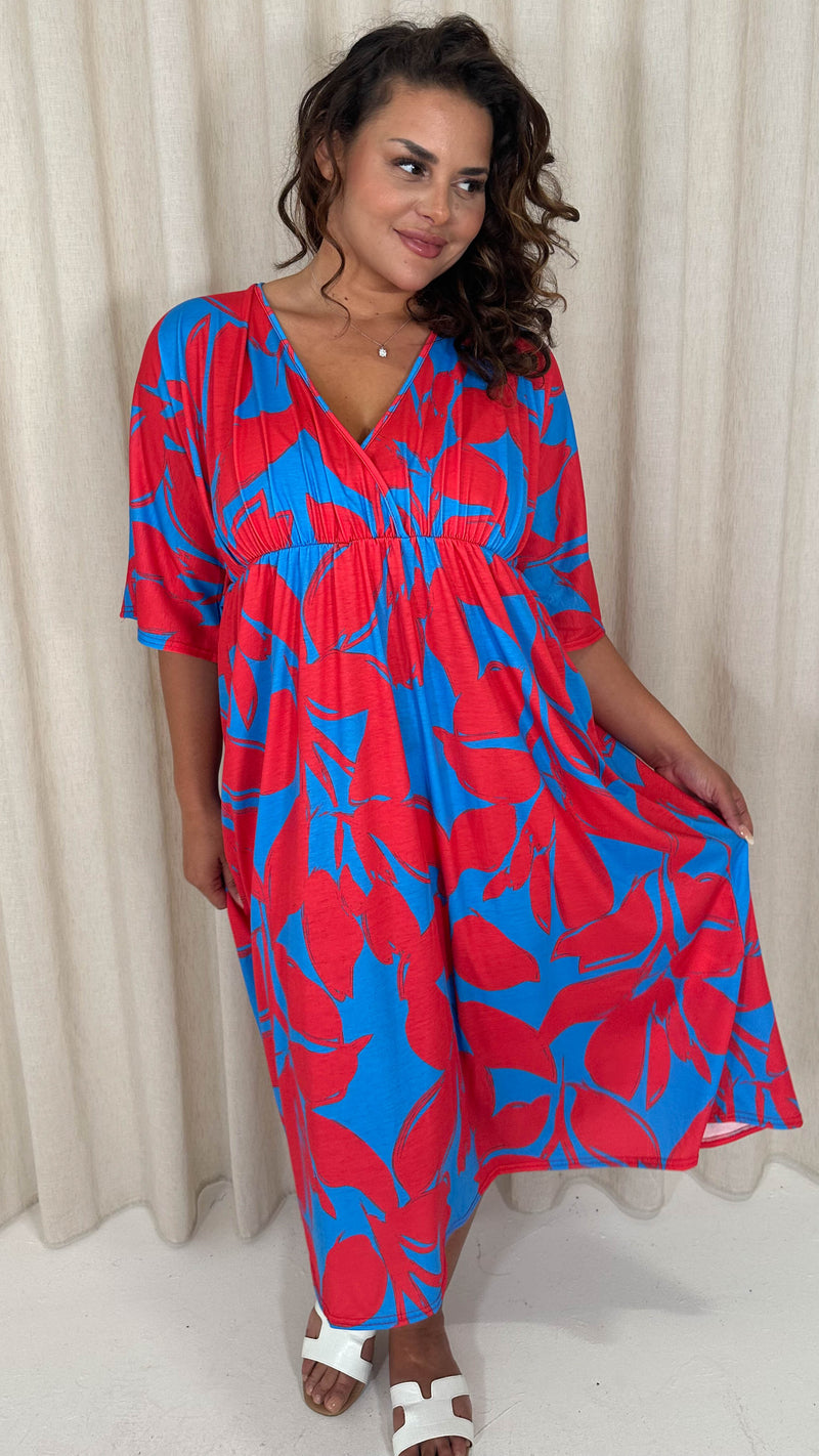 CurveWow Tie Back Kimono Sleeve Midi Dress Red/Blue