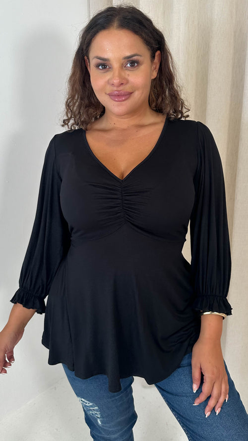 CurveWow V Neck Peplum Top Black